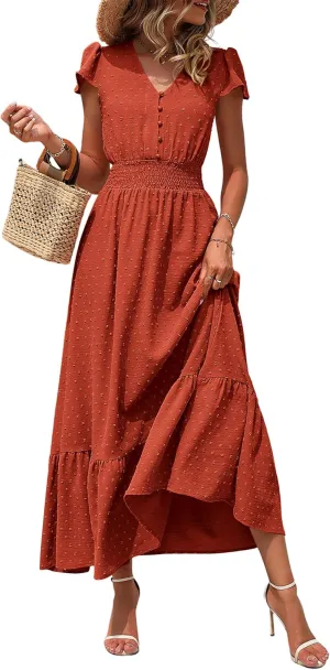 PRETTYGARDEN Women Casual Boho Summer Maxi Dresses 2025 Short Sleeve V Neck Swiss Dot Ruffle Smocked Flowy Wedding Long Dress