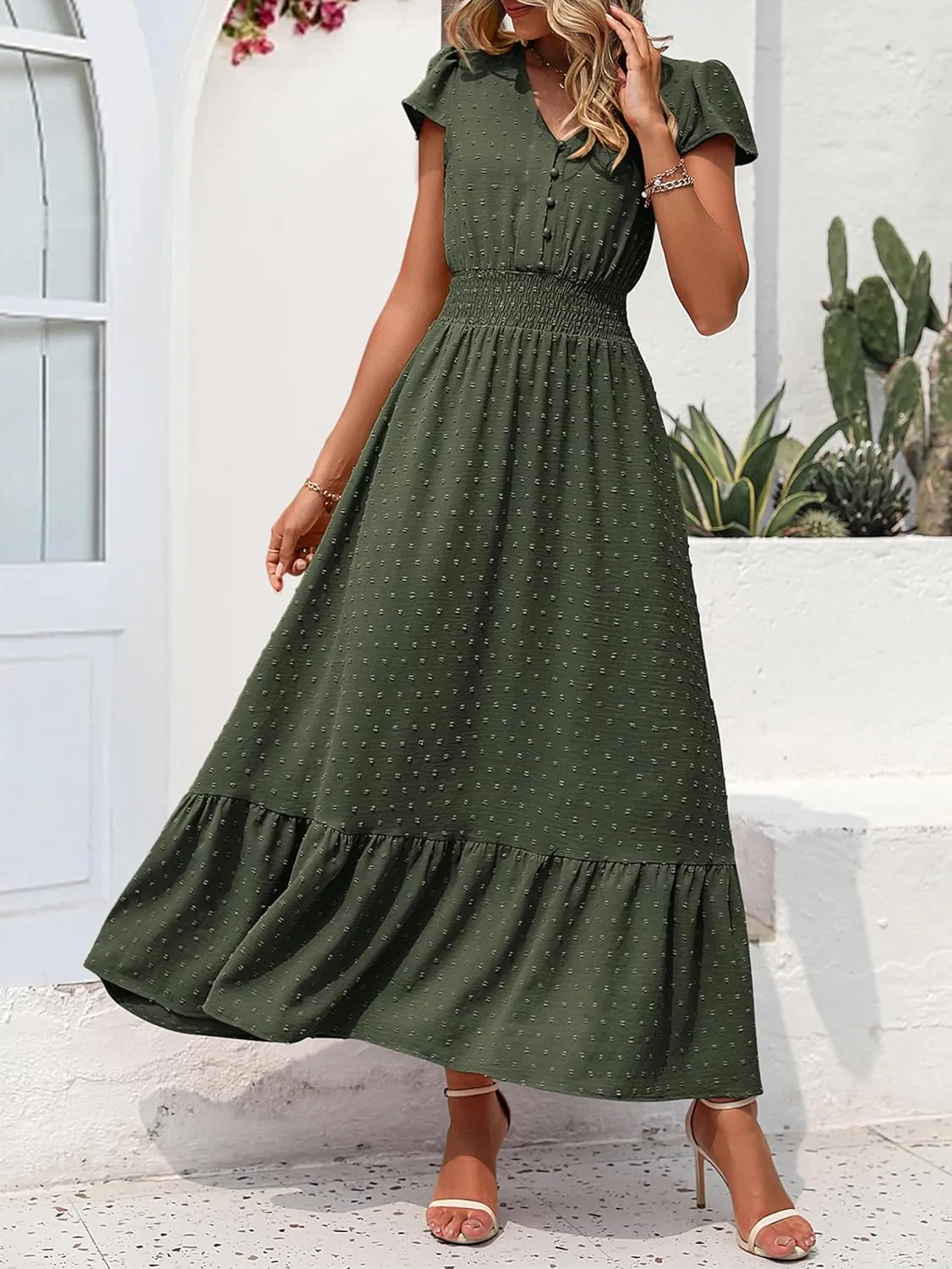 PRETTYGARDEN Women Casual Boho Summer Maxi Dresses 2025 Short Sleeve V Neck Swiss Dot Ruffle Smocked Flowy Wedding Long Dress
