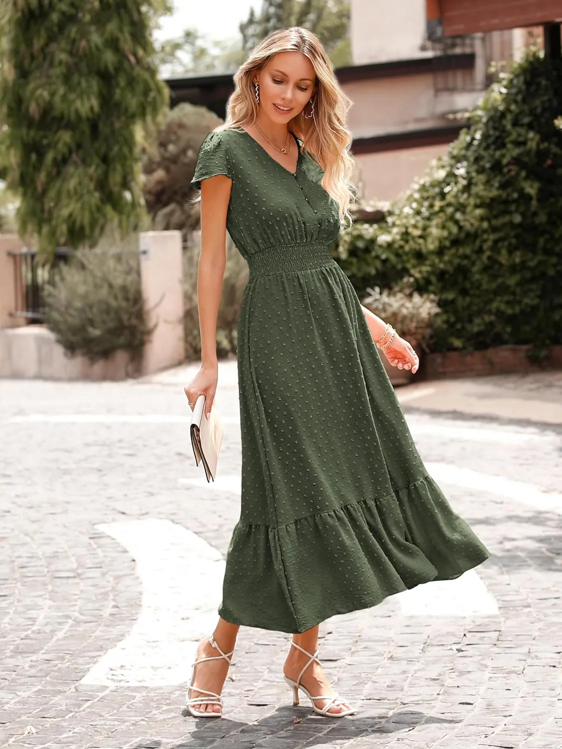PRETTYGARDEN Women Casual Boho Summer Maxi Dresses 2025 Short Sleeve V Neck Swiss Dot Ruffle Smocked Flowy Wedding Long Dress