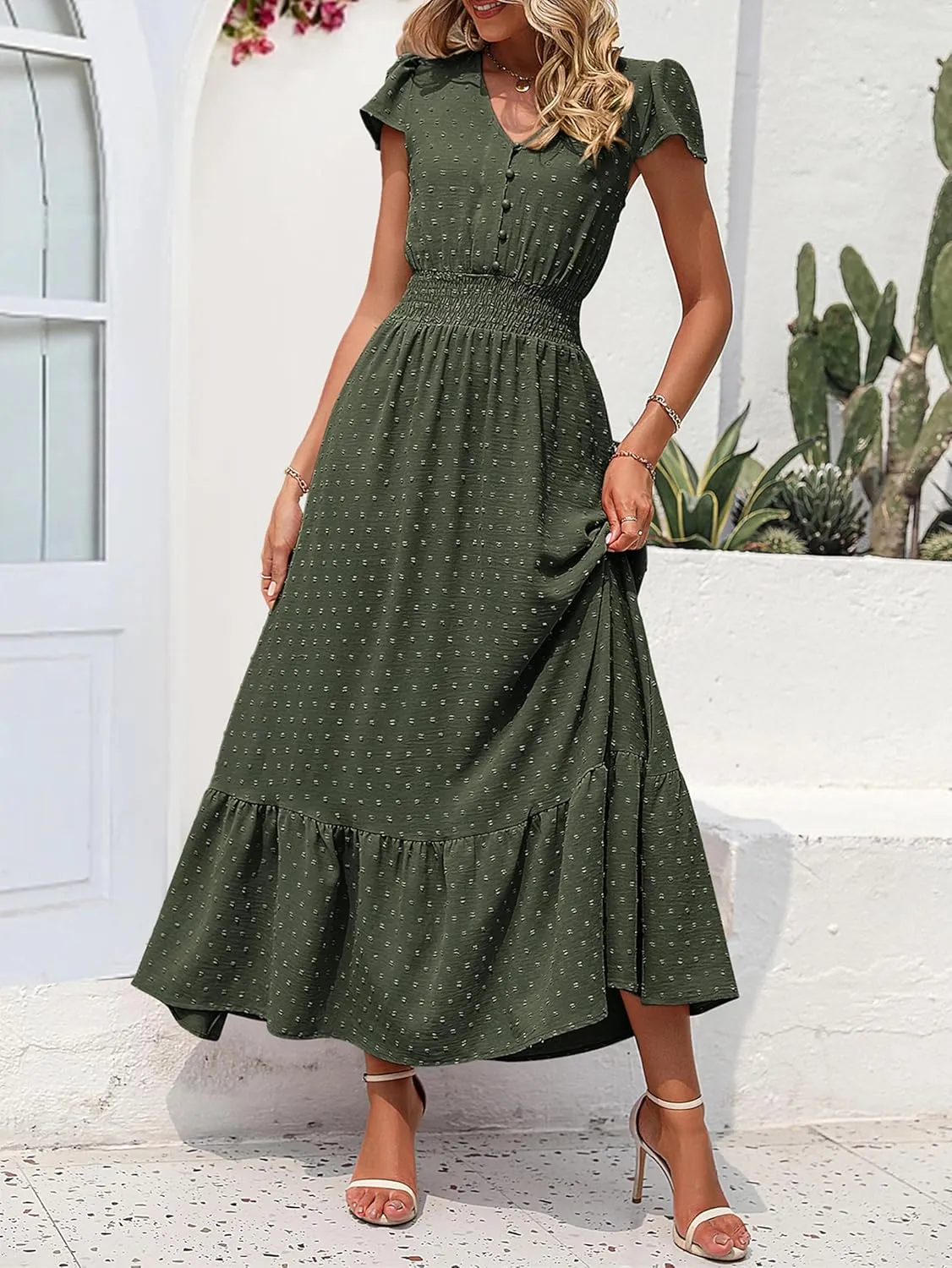 PRETTYGARDEN Women Casual Boho Summer Maxi Dresses 2025 Short Sleeve V Neck Swiss Dot Ruffle Smocked Flowy Wedding Long Dress
