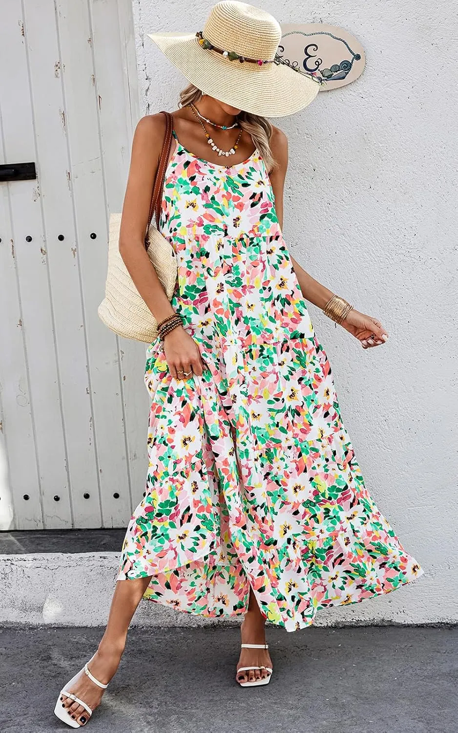 PRETTYGARDEN Women Summer Dresses 2025 Spaghetti Strap Scoop Neck Floral Maxi Dress Flowy Boho Long Sundress with Pockets
