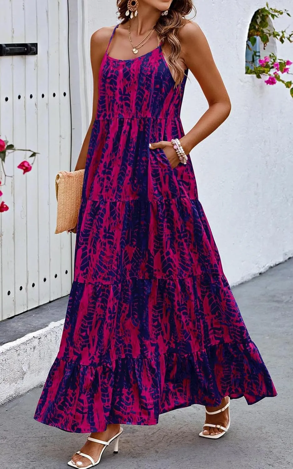 PRETTYGARDEN Women Summer Dresses 2025 Spaghetti Strap Scoop Neck Floral Maxi Dress Flowy Boho Long Sundress with Pockets