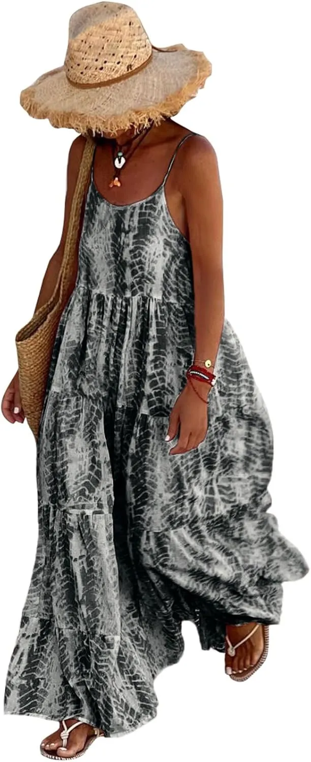 PRETTYGARDEN Women Summer Dresses 2025 Spaghetti Strap Scoop Neck Floral Maxi Dress Flowy Boho Long Sundress with Pockets