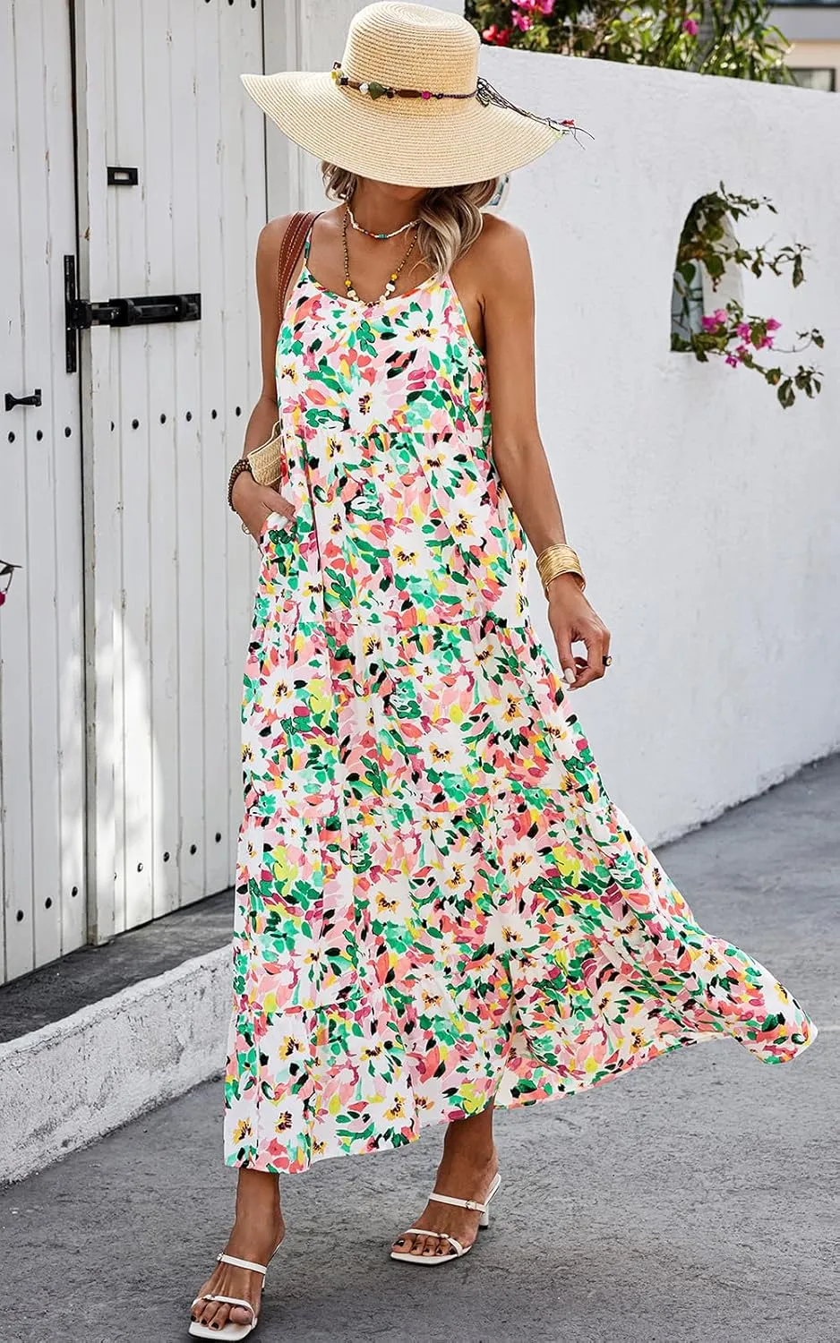 PRETTYGARDEN Women Summer Dresses 2025 Spaghetti Strap Scoop Neck Floral Maxi Dress Flowy Boho Long Sundress with Pockets