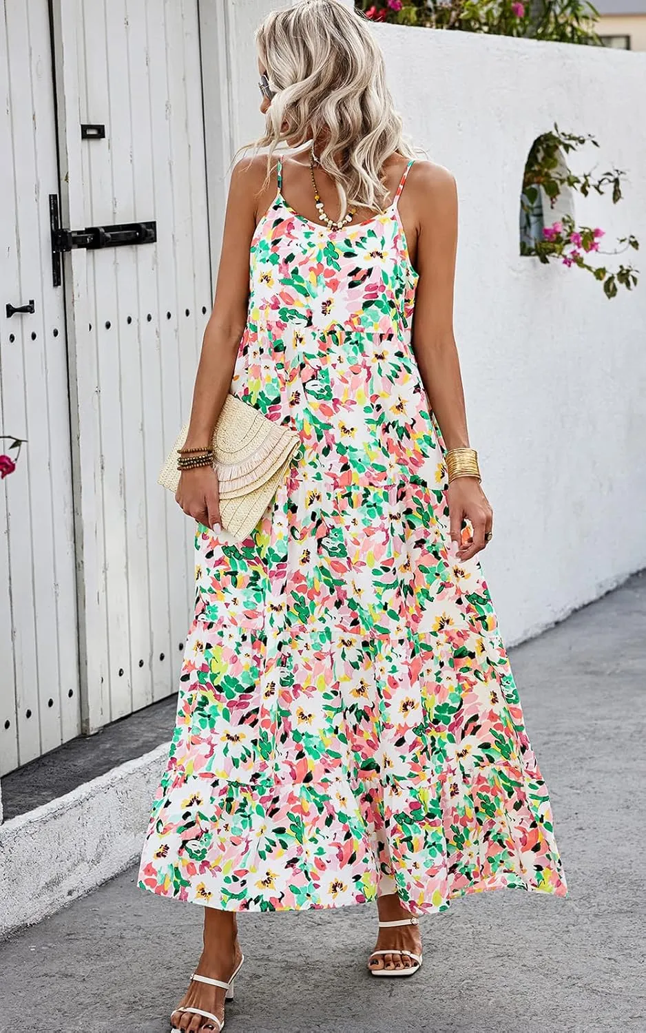 PRETTYGARDEN Women Summer Dresses 2025 Spaghetti Strap Scoop Neck Floral Maxi Dress Flowy Boho Long Sundress with Pockets
