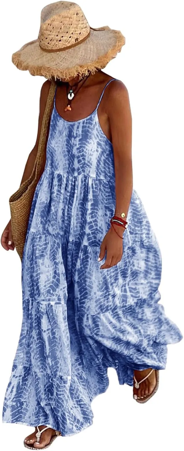 PRETTYGARDEN Women Summer Dresses 2025 Spaghetti Strap Scoop Neck Floral Maxi Dress Flowy Boho Long Sundress with Pockets
