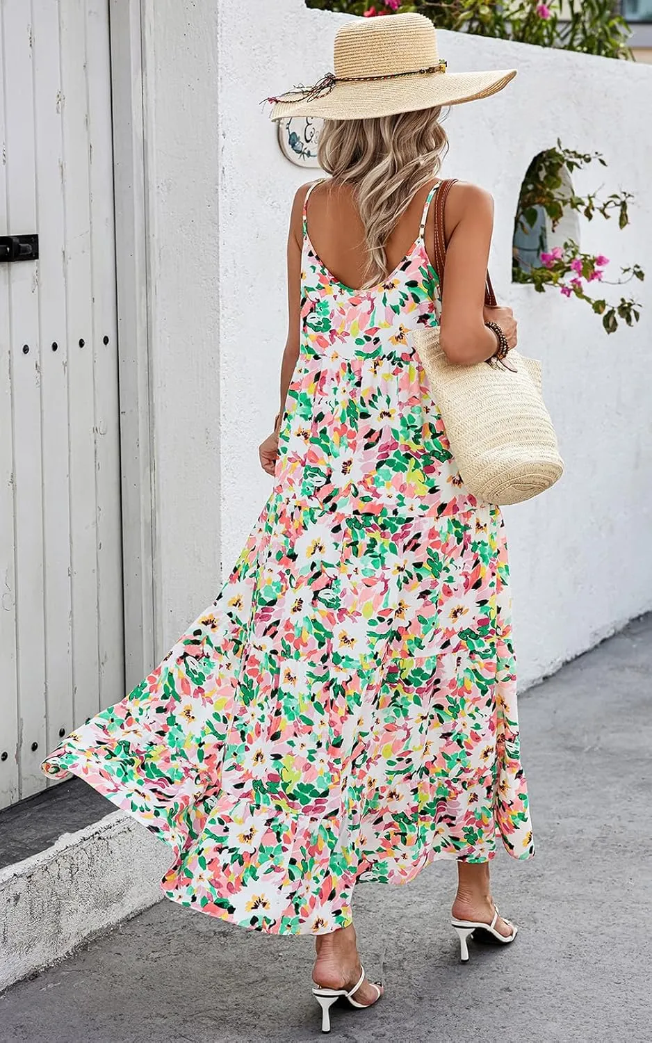 PRETTYGARDEN Women Summer Dresses 2025 Spaghetti Strap Scoop Neck Floral Maxi Dress Flowy Boho Long Sundress with Pockets