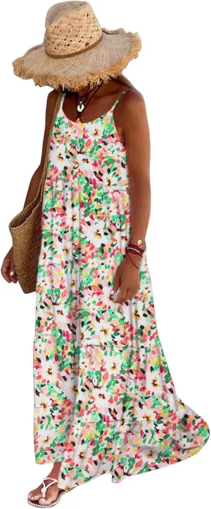 PRETTYGARDEN Women Summer Dresses 2025 Spaghetti Strap Scoop Neck Floral Maxi Dress Flowy Boho Long Sundress with Pockets