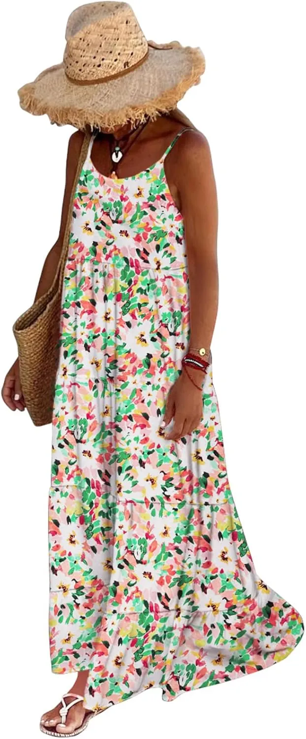 PRETTYGARDEN Women Summer Dresses 2025 Spaghetti Strap Scoop Neck Floral Maxi Dress Flowy Boho Long Sundress with Pockets