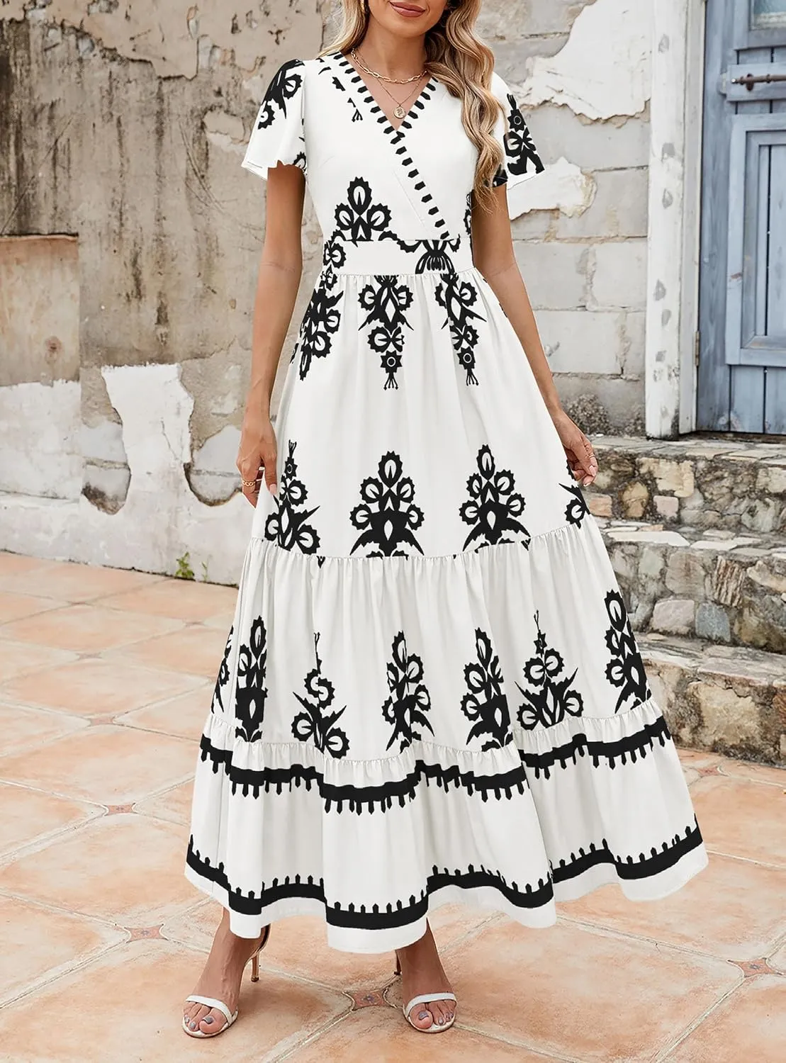 PRETTYGARDEN Womens 2025 Summer Casual V Neck Boho Maxi Dress Flowy Aline Bell Sleeve Tiered Floral Dresses with Pocket