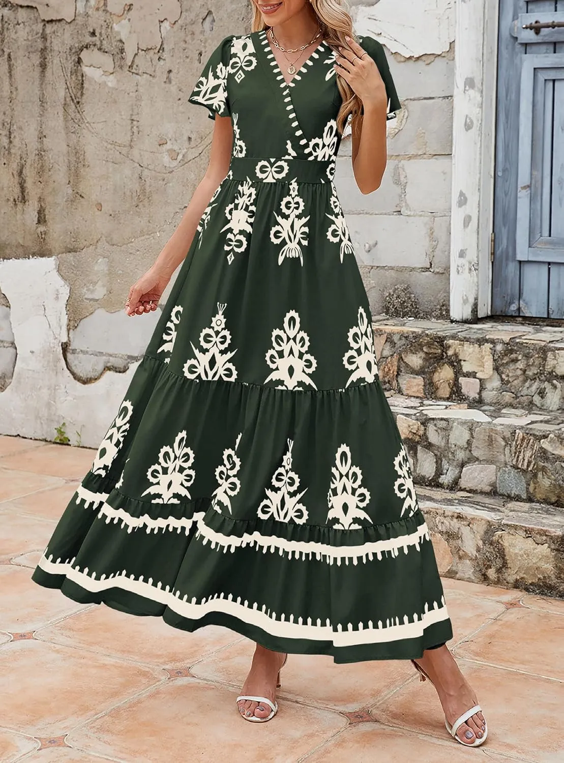 PRETTYGARDEN Womens 2025 Summer Casual V Neck Boho Maxi Dress Flowy Aline Bell Sleeve Tiered Floral Dresses with Pocket