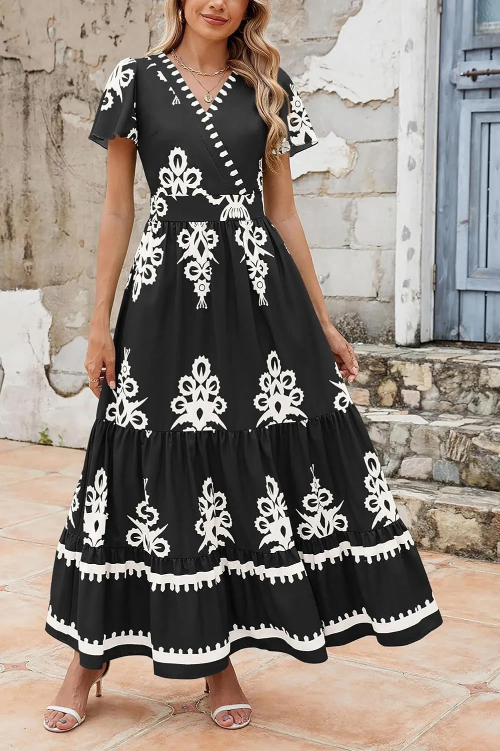 PRETTYGARDEN Womens 2025 Summer Casual V Neck Boho Maxi Dress Flowy Aline Bell Sleeve Tiered Floral Dresses with Pocket
