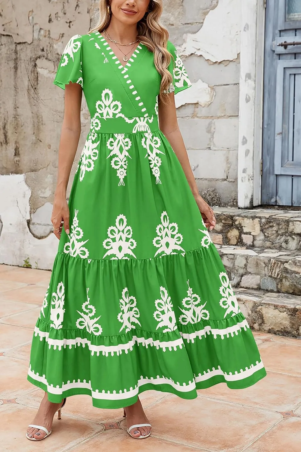 PRETTYGARDEN Womens 2025 Summer Casual V Neck Boho Maxi Dress Flowy Aline Bell Sleeve Tiered Floral Dresses with Pocket