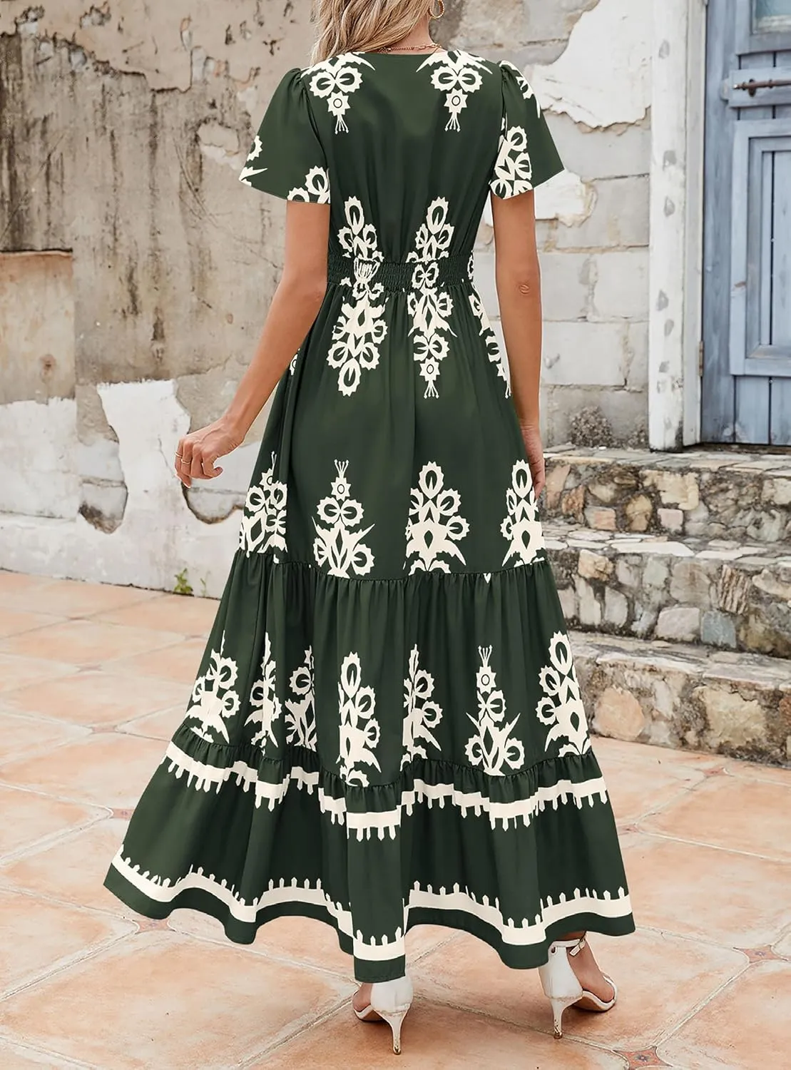PRETTYGARDEN Womens 2025 Summer Casual V Neck Boho Maxi Dress Flowy Aline Bell Sleeve Tiered Floral Dresses with Pocket