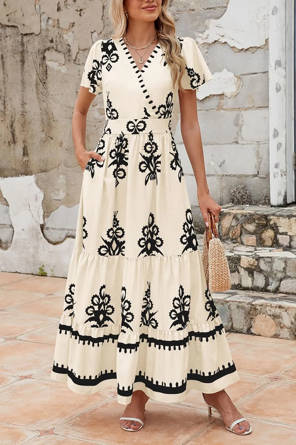 PRETTYGARDEN Womens 2025 Summer Casual V Neck Boho Maxi Dress Flowy Aline Bell Sleeve Tiered Floral Dresses with Pocket
