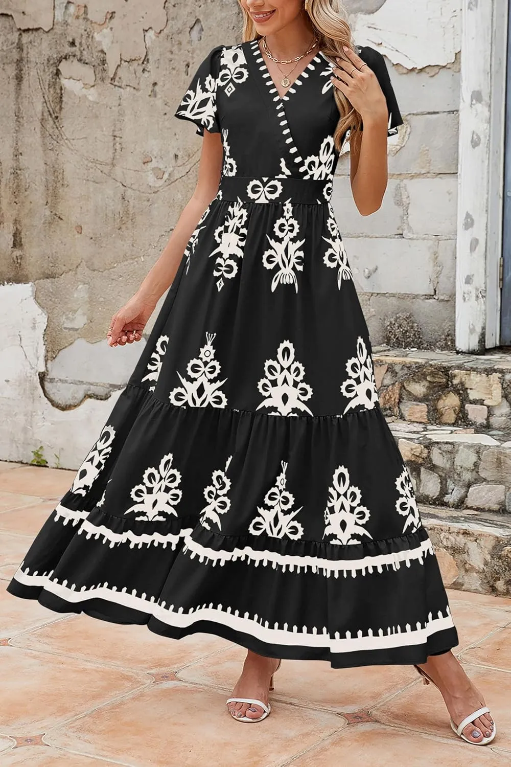 PRETTYGARDEN Womens 2025 Summer Casual V Neck Boho Maxi Dress Flowy Aline Bell Sleeve Tiered Floral Dresses with Pocket