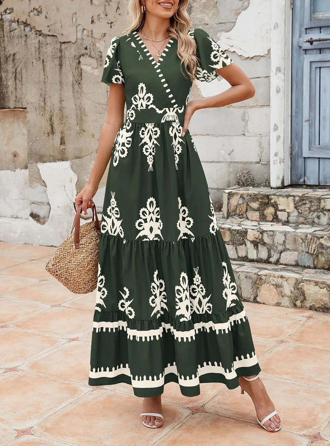 PRETTYGARDEN Womens 2025 Summer Casual V Neck Boho Maxi Dress Flowy Aline Bell Sleeve Tiered Floral Dresses with Pocket