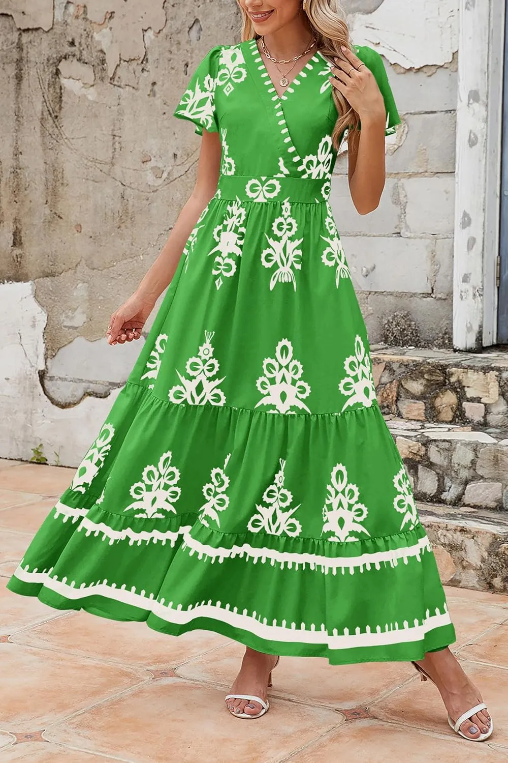 PRETTYGARDEN Womens 2025 Summer Casual V Neck Boho Maxi Dress Flowy Aline Bell Sleeve Tiered Floral Dresses with Pocket