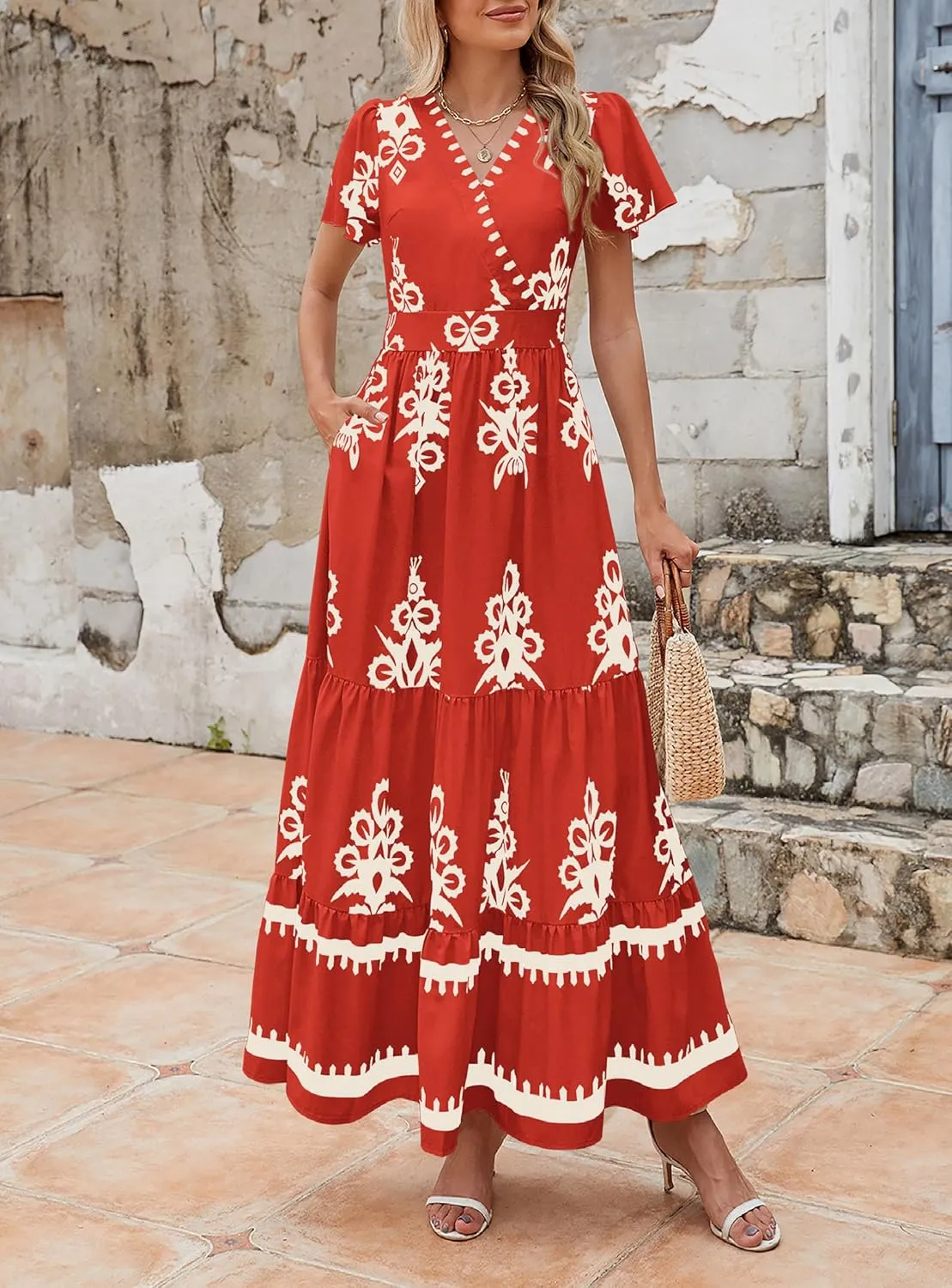 PRETTYGARDEN Womens 2025 Summer Casual V Neck Boho Maxi Dress Flowy Aline Bell Sleeve Tiered Floral Dresses with Pocket