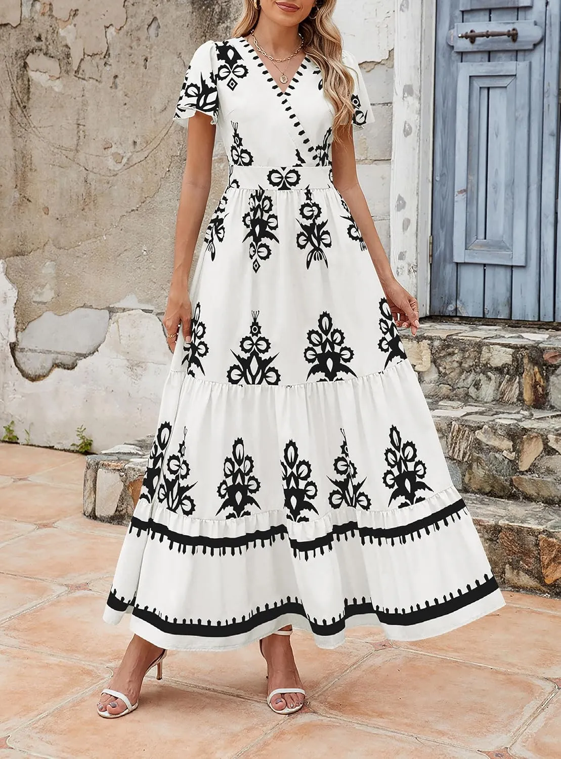 PRETTYGARDEN Womens 2025 Summer Casual V Neck Boho Maxi Dress Flowy Aline Bell Sleeve Tiered Floral Dresses with Pocket
