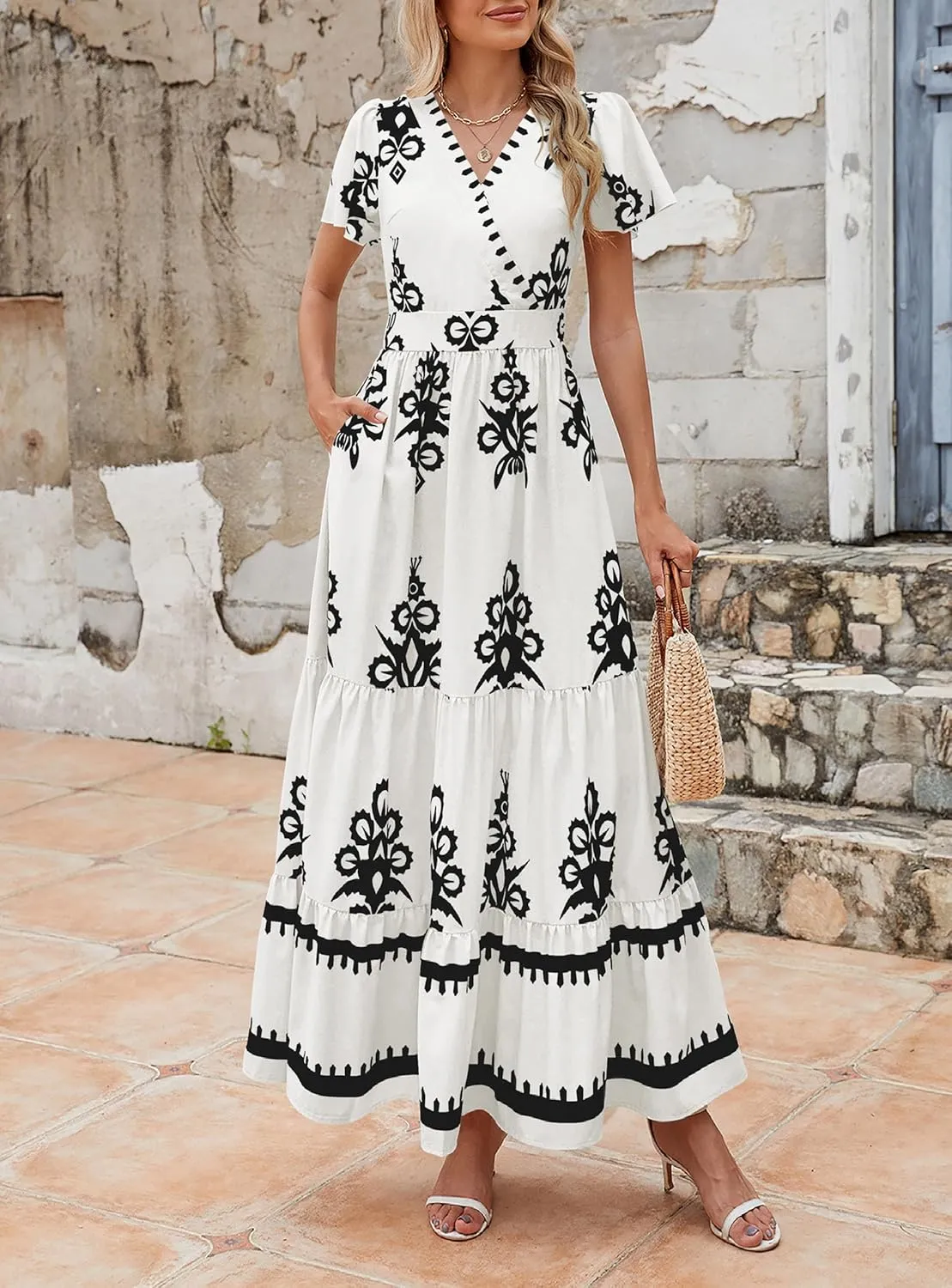 PRETTYGARDEN Womens 2025 Summer Casual V Neck Boho Maxi Dress Flowy Aline Bell Sleeve Tiered Floral Dresses with Pocket