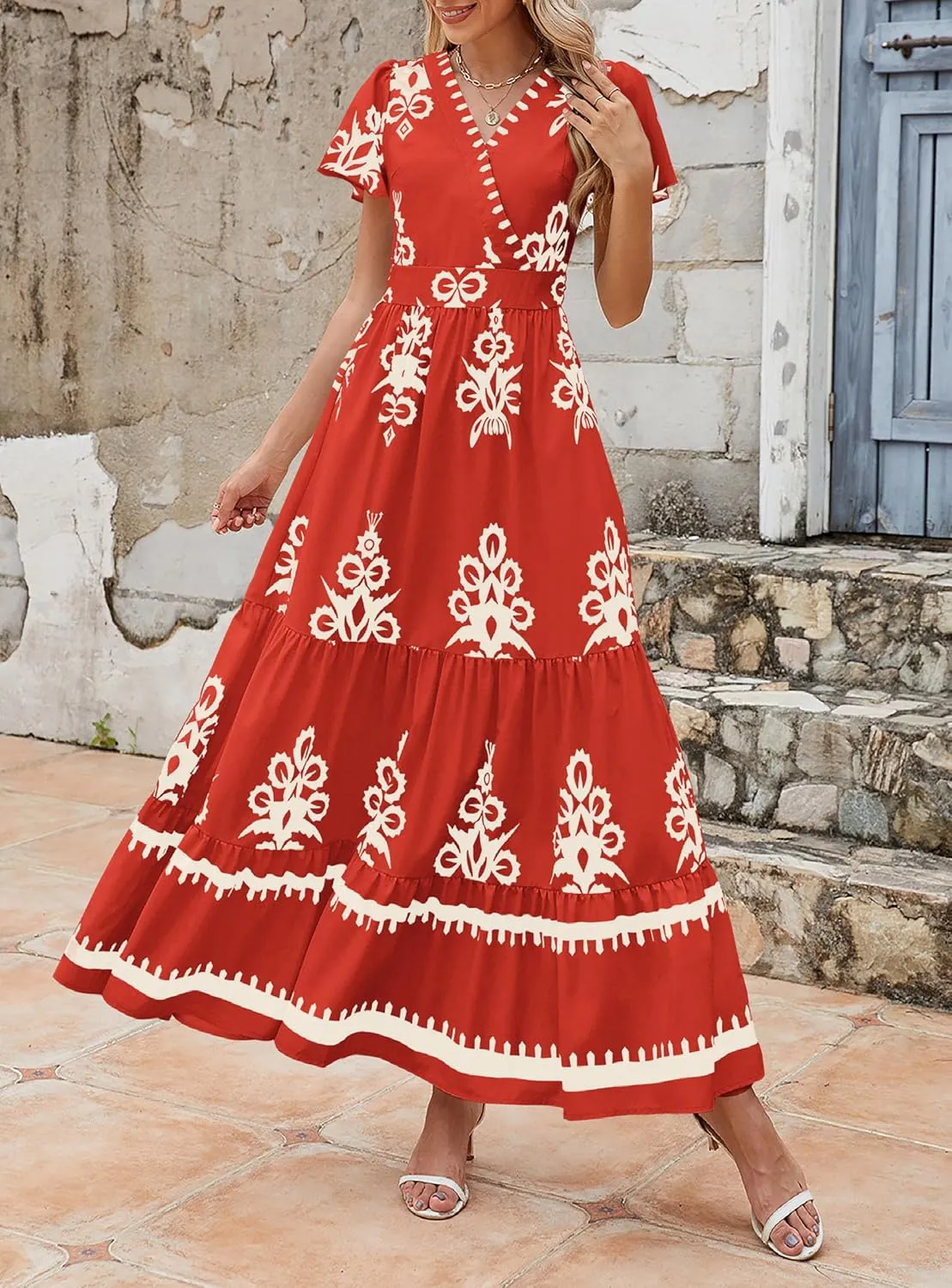 PRETTYGARDEN Womens 2025 Summer Casual V Neck Boho Maxi Dress Flowy Aline Bell Sleeve Tiered Floral Dresses with Pocket