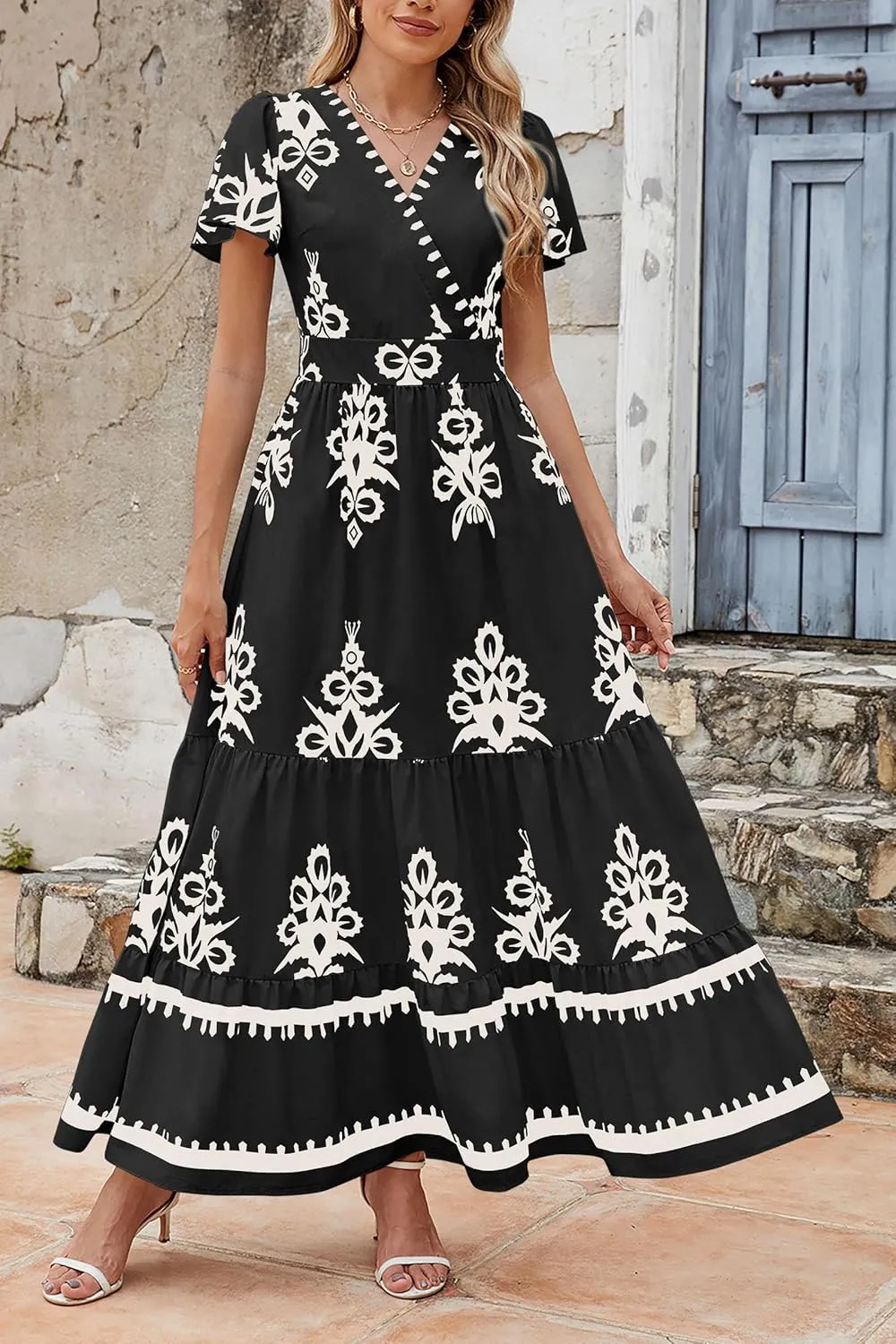 PRETTYGARDEN Womens 2025 Summer Casual V Neck Boho Maxi Dress Flowy Aline Bell Sleeve Tiered Floral Dresses with Pocket