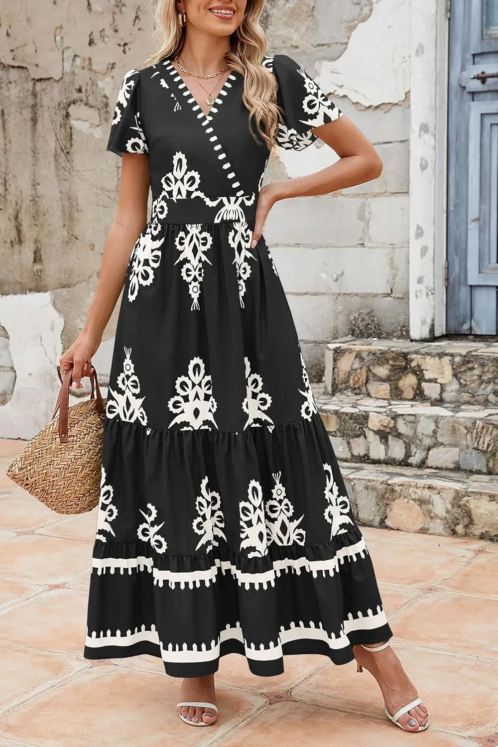 PRETTYGARDEN Womens 2025 Summer Casual V Neck Boho Maxi Dress Flowy Aline Bell Sleeve Tiered Floral Dresses with Pocket