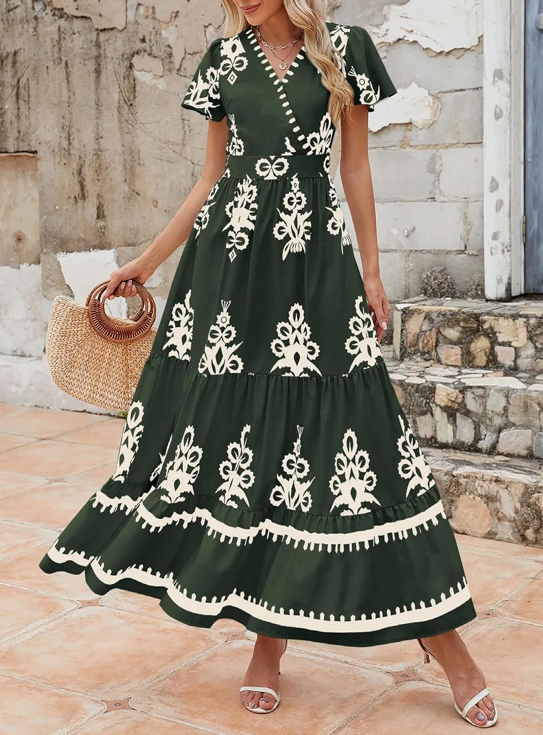 PRETTYGARDEN Womens 2025 Summer Casual V Neck Boho Maxi Dress Flowy Aline Bell Sleeve Tiered Floral Dresses with Pocket