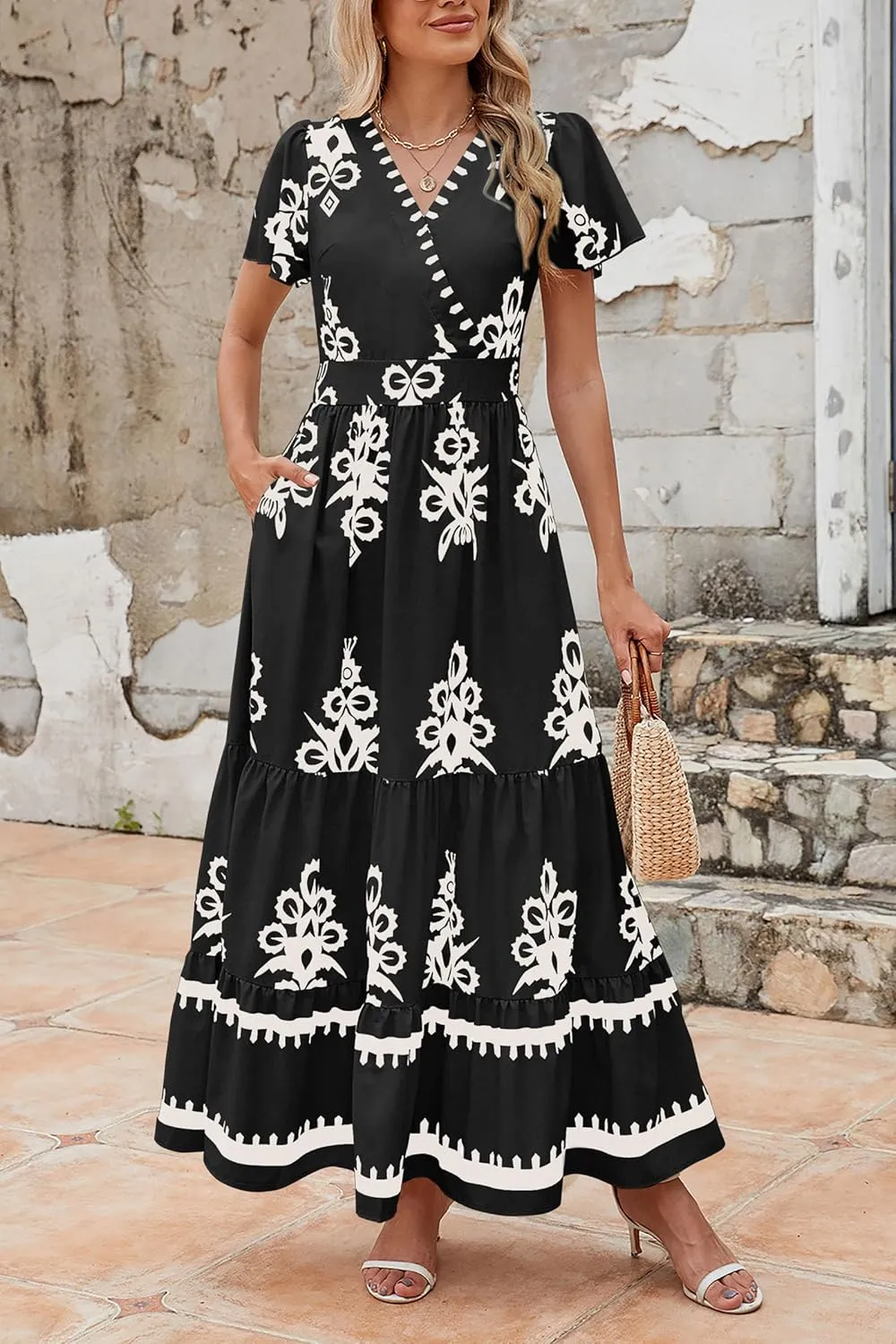 PRETTYGARDEN Womens 2025 Summer Casual V Neck Boho Maxi Dress Flowy Aline Bell Sleeve Tiered Floral Dresses with Pocket
