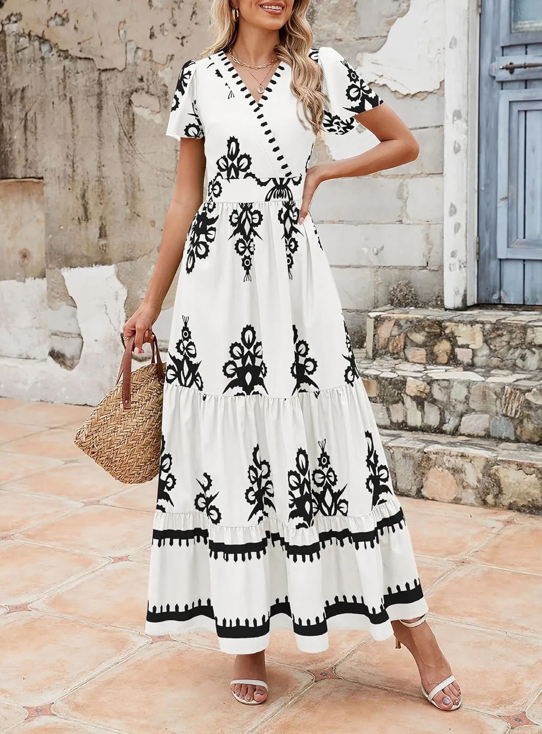 PRETTYGARDEN Womens 2025 Summer Casual V Neck Boho Maxi Dress Flowy Aline Bell Sleeve Tiered Floral Dresses with Pocket