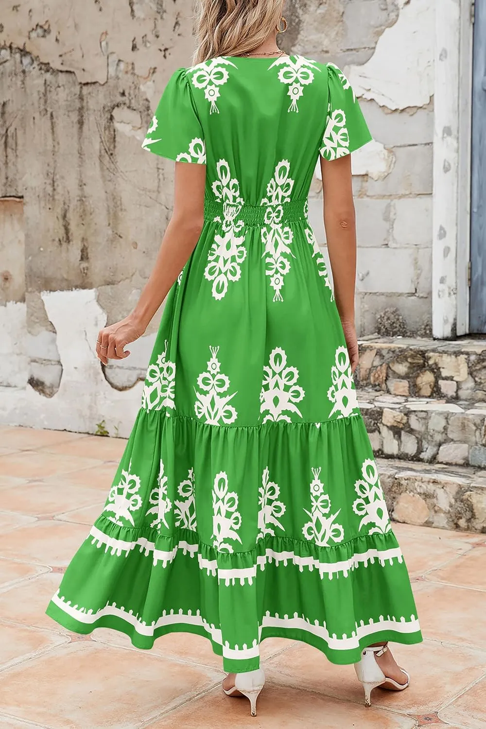 PRETTYGARDEN Womens 2025 Summer Casual V Neck Boho Maxi Dress Flowy Aline Bell Sleeve Tiered Floral Dresses with Pocket
