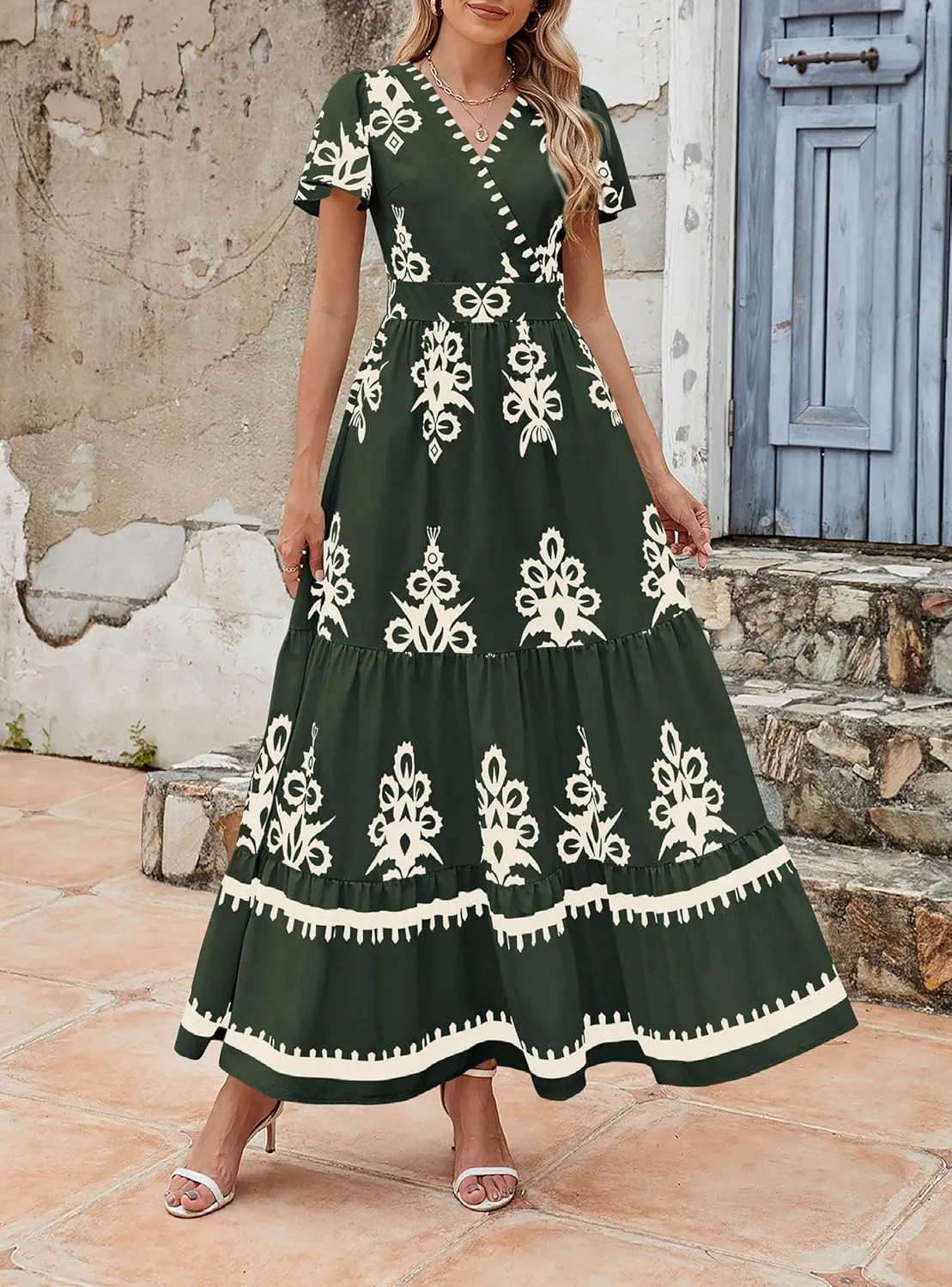 PRETTYGARDEN Womens 2025 Summer Casual V Neck Boho Maxi Dress Flowy Aline Bell Sleeve Tiered Floral Dresses with Pocket