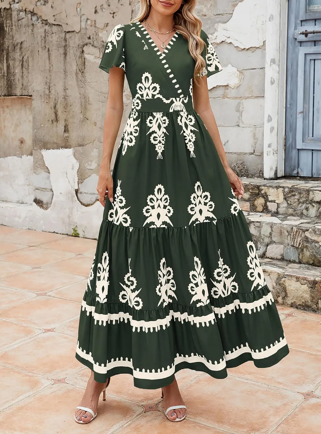 PRETTYGARDEN Womens 2025 Summer Casual V Neck Boho Maxi Dress Flowy Aline Bell Sleeve Tiered Floral Dresses with Pocket