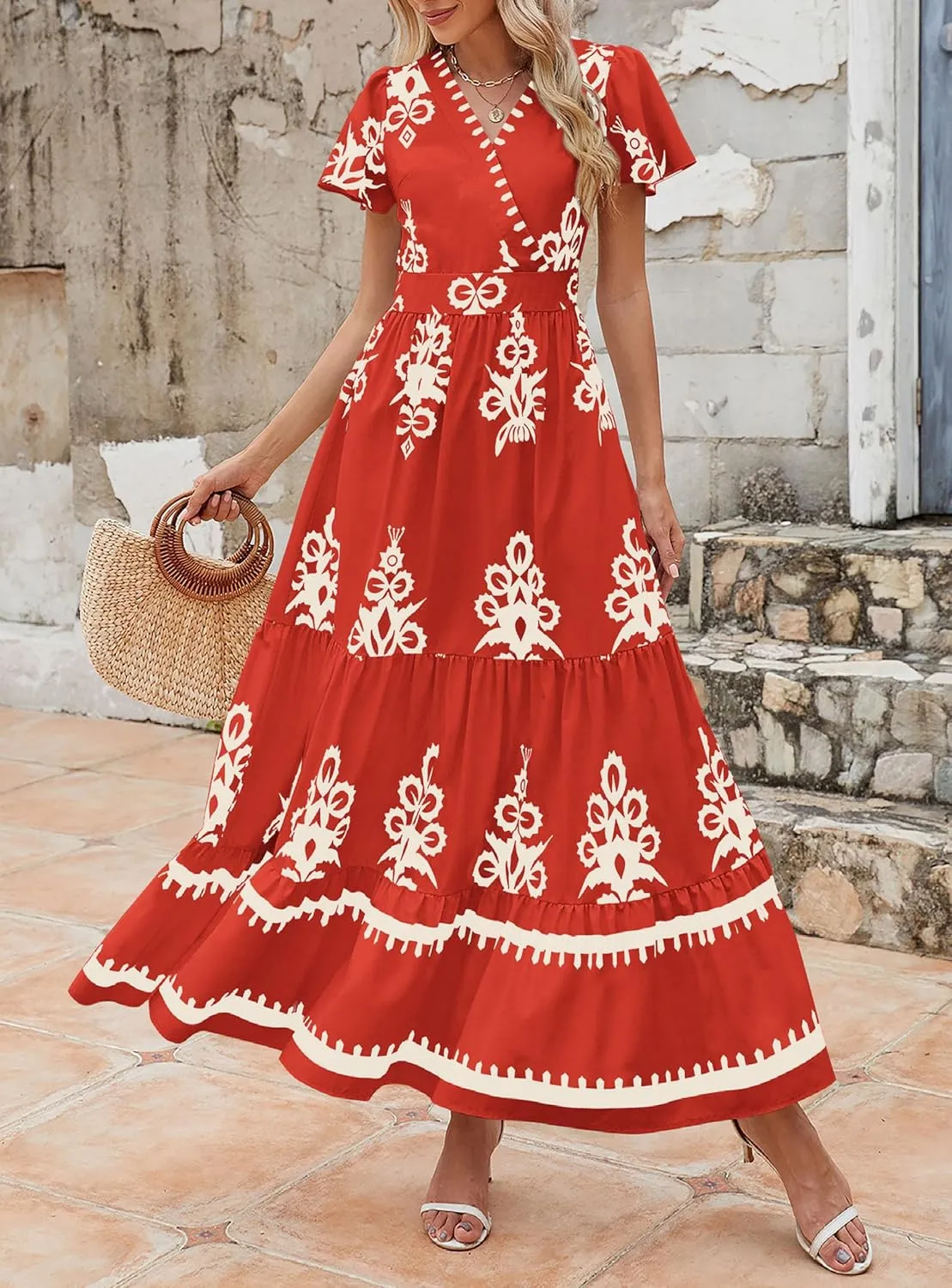 PRETTYGARDEN Womens 2025 Summer Casual V Neck Boho Maxi Dress Flowy Aline Bell Sleeve Tiered Floral Dresses with Pocket
