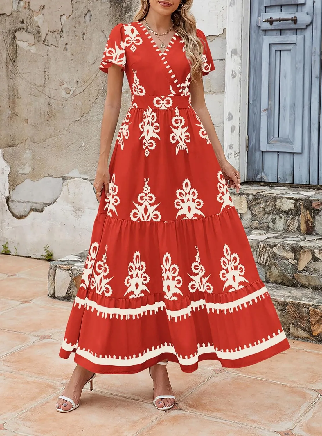 PRETTYGARDEN Womens 2025 Summer Casual V Neck Boho Maxi Dress Flowy Aline Bell Sleeve Tiered Floral Dresses with Pocket