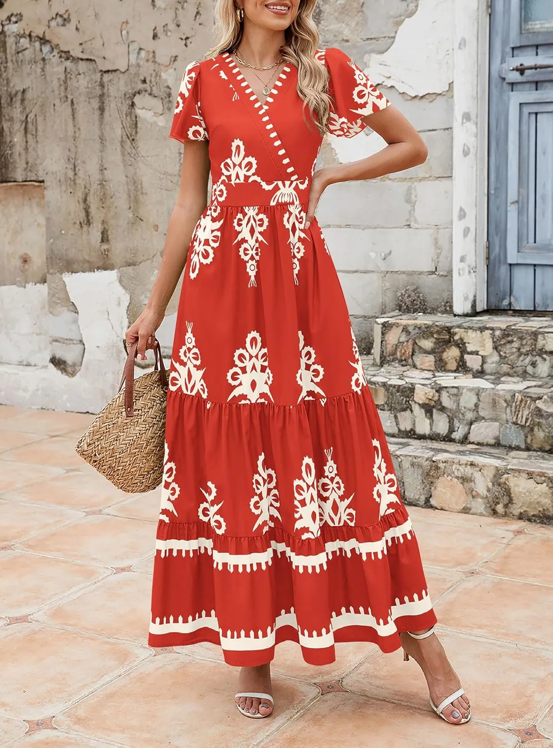 PRETTYGARDEN Womens 2025 Summer Casual V Neck Boho Maxi Dress Flowy Aline Bell Sleeve Tiered Floral Dresses with Pocket