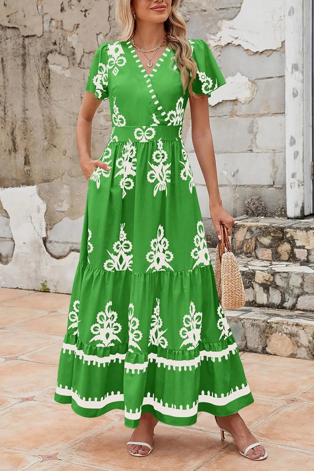PRETTYGARDEN Womens 2025 Summer Casual V Neck Boho Maxi Dress Flowy Aline Bell Sleeve Tiered Floral Dresses with Pocket