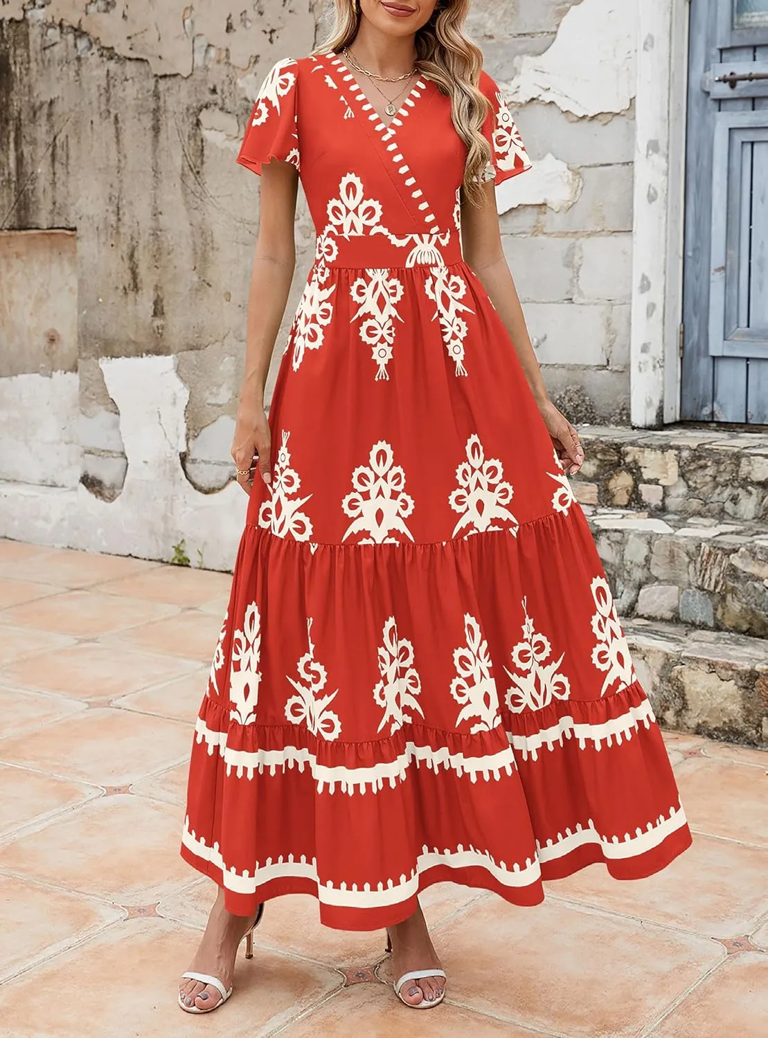 PRETTYGARDEN Womens 2025 Summer Casual V Neck Boho Maxi Dress Flowy Aline Bell Sleeve Tiered Floral Dresses with Pocket