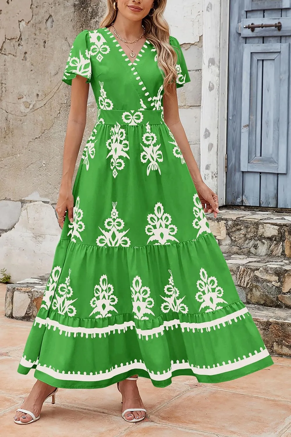 PRETTYGARDEN Womens 2025 Summer Casual V Neck Boho Maxi Dress Flowy Aline Bell Sleeve Tiered Floral Dresses with Pocket