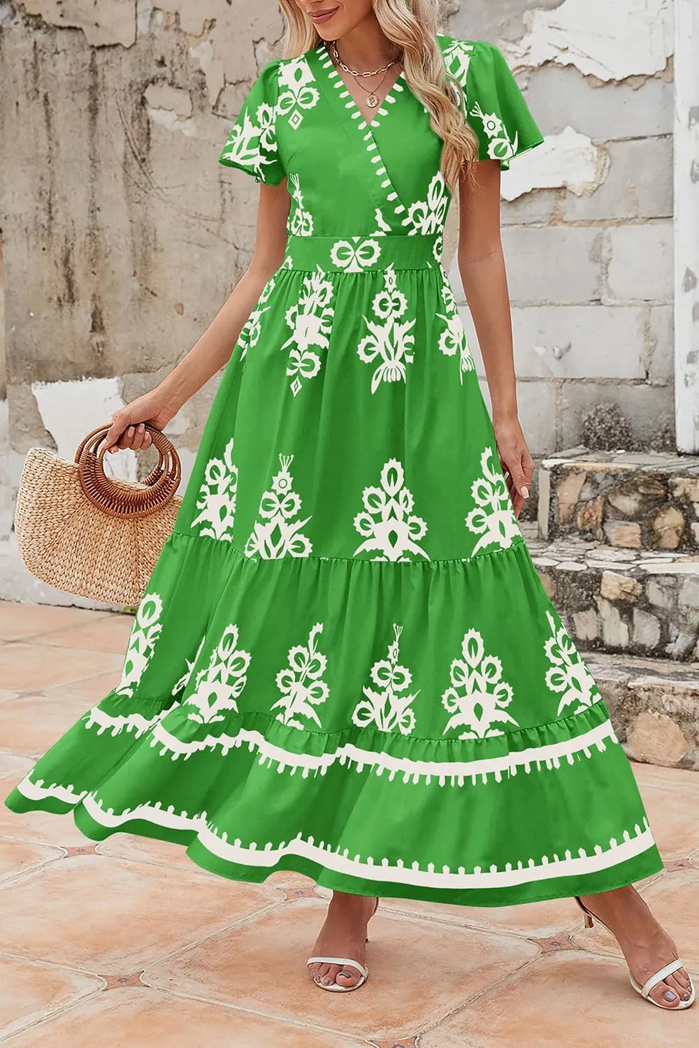 PRETTYGARDEN Womens 2025 Summer Casual V Neck Boho Maxi Dress Flowy Aline Bell Sleeve Tiered Floral Dresses with Pocket
