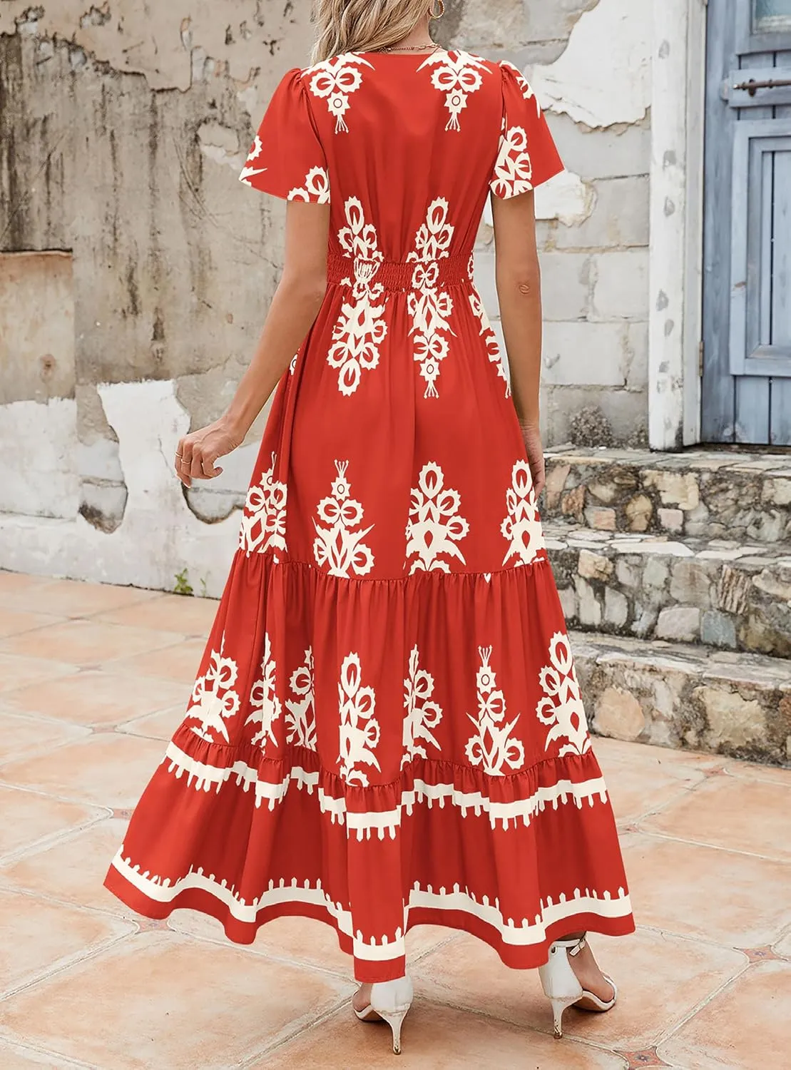 PRETTYGARDEN Womens 2025 Summer Casual V Neck Boho Maxi Dress Flowy Aline Bell Sleeve Tiered Floral Dresses with Pocket