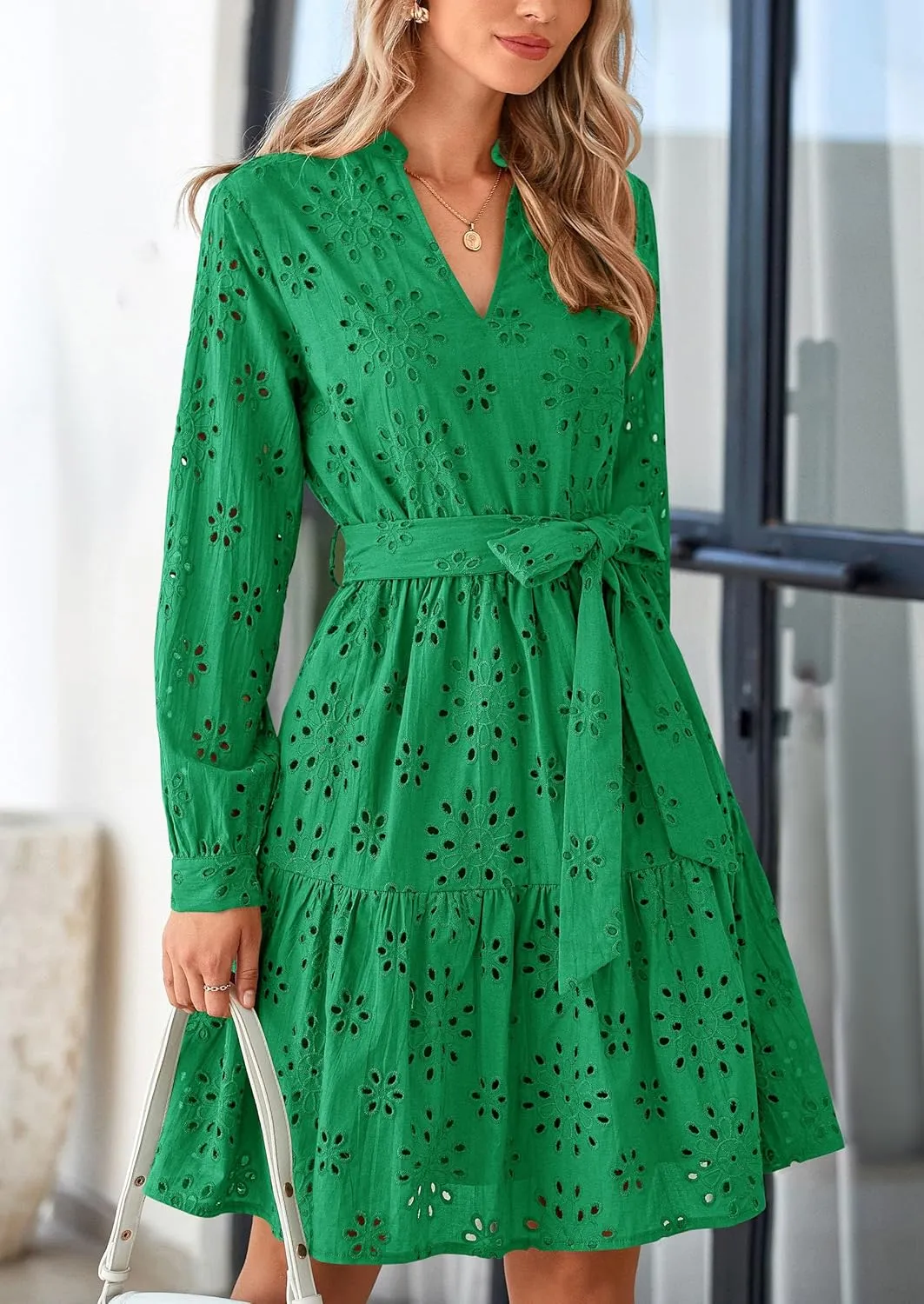 PRETTYGARDEN Women's Long Sleeve Spring Dress 2025 Casual Fall V Neck A Line Hollow Out Eyelet Wedding Guest Short Dresses