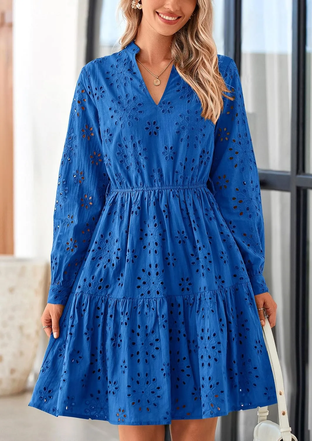 PRETTYGARDEN Women's Long Sleeve Spring Dress 2025 Casual Fall V Neck A Line Hollow Out Eyelet Wedding Guest Short Dresses