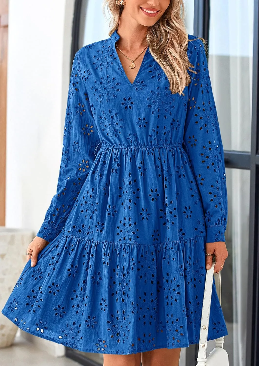 PRETTYGARDEN Women's Long Sleeve Spring Dress 2025 Casual Fall V Neck A Line Hollow Out Eyelet Wedding Guest Short Dresses