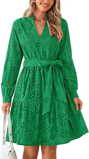 PRETTYGARDEN Women's Long Sleeve Spring Dress 2025 Casual Fall V Neck A Line Hollow Out Eyelet Wedding Guest Short Dresses