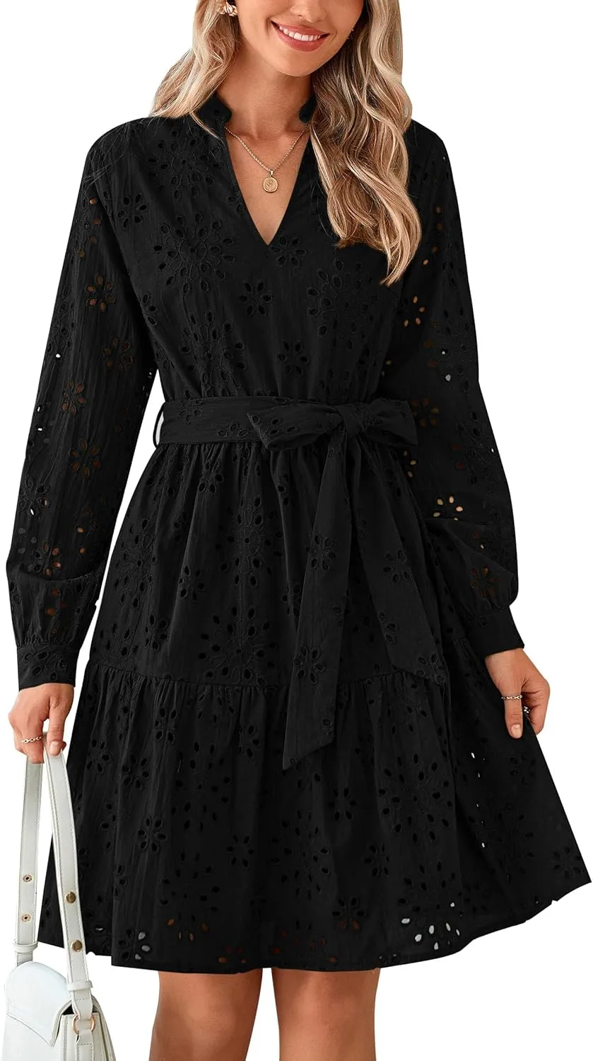 PRETTYGARDEN Women's Long Sleeve Spring Dress 2025 Casual Fall V Neck A Line Hollow Out Eyelet Wedding Guest Short Dresses
