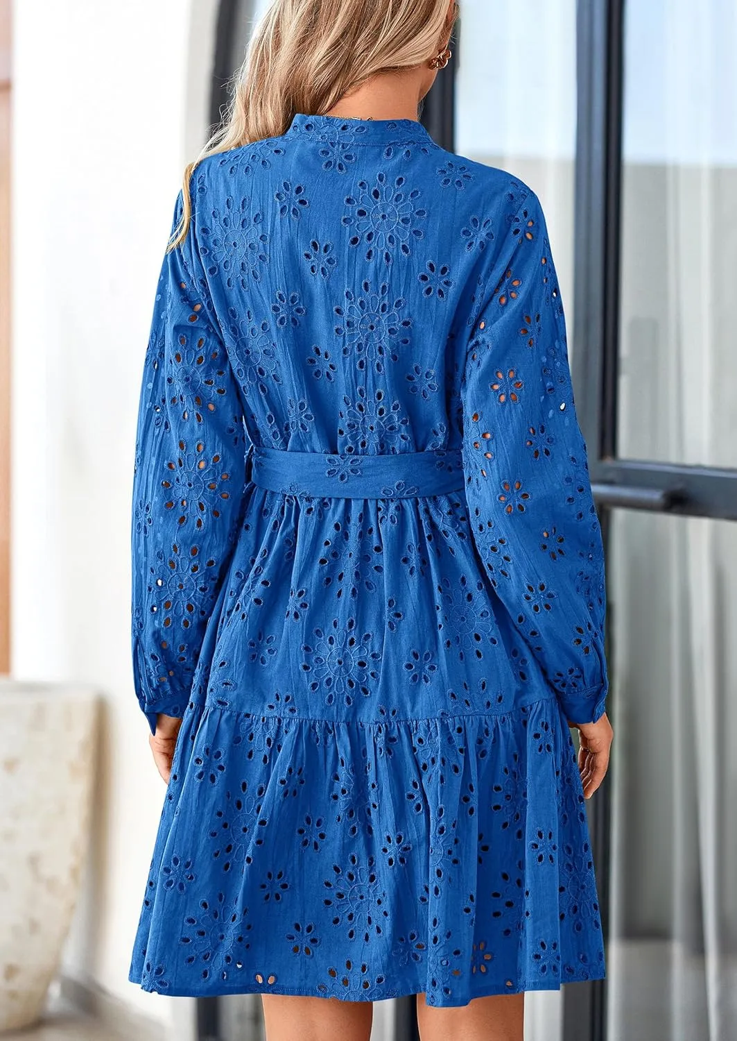 PRETTYGARDEN Women's Long Sleeve Spring Dress 2025 Casual Fall V Neck A Line Hollow Out Eyelet Wedding Guest Short Dresses