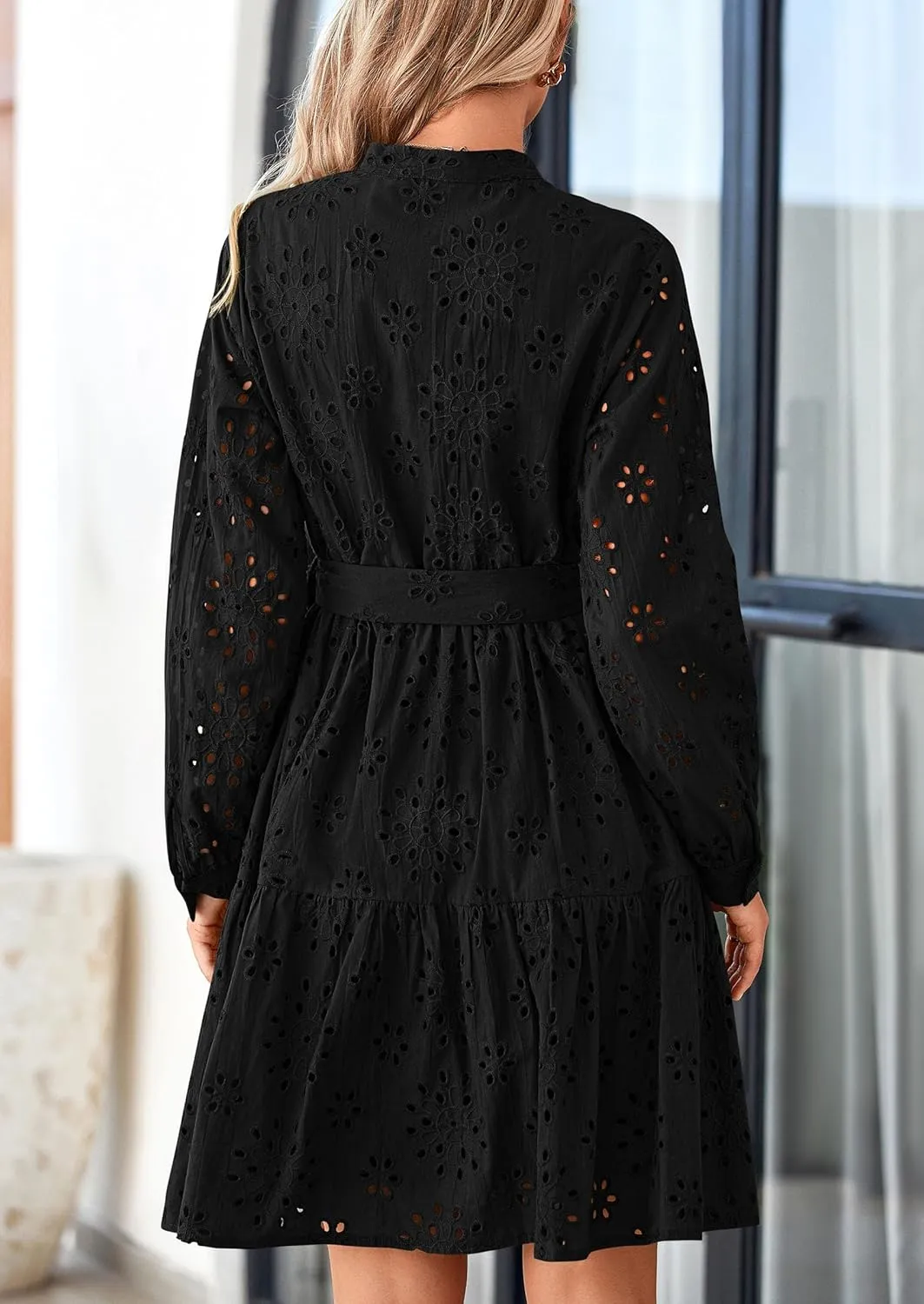 PRETTYGARDEN Women's Long Sleeve Spring Dress 2025 Casual Fall V Neck A Line Hollow Out Eyelet Wedding Guest Short Dresses