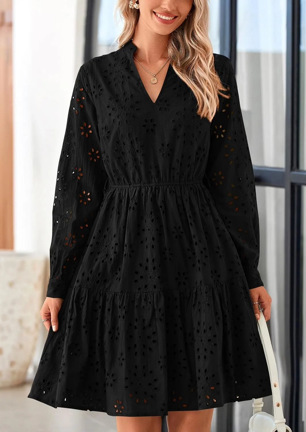 PRETTYGARDEN Women's Long Sleeve Spring Dress 2025 Casual Fall V Neck A Line Hollow Out Eyelet Wedding Guest Short Dresses